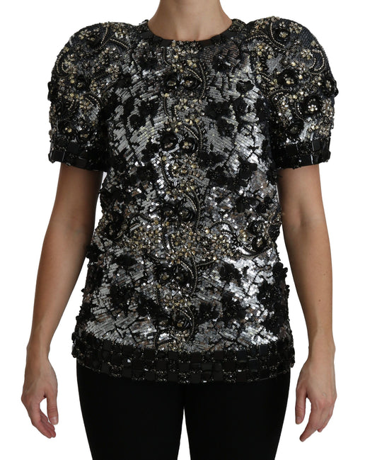 Dolce & Gabbana Black Sequined Crystal Embellished Top Blouse Dolce & Gabbana
