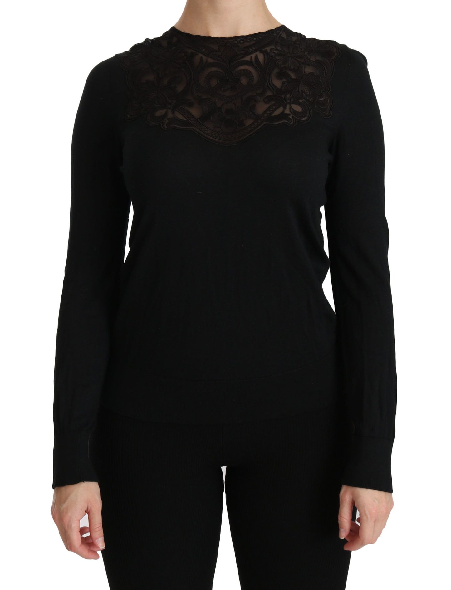 Dolce & Gabbana Black Silk Lace Crew Neck Long Sleeve Blouse Dolce & Gabbana