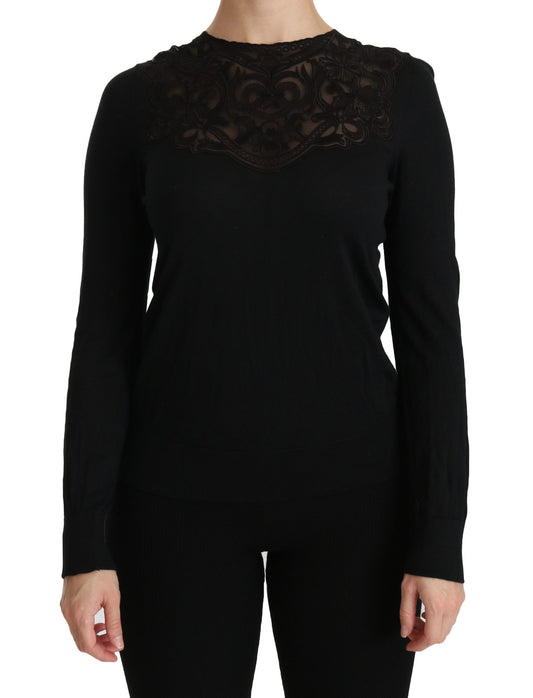 Dolce & Gabbana Black Silk Lace Crew Neck Long Sleeve Blouse Dolce & Gabbana