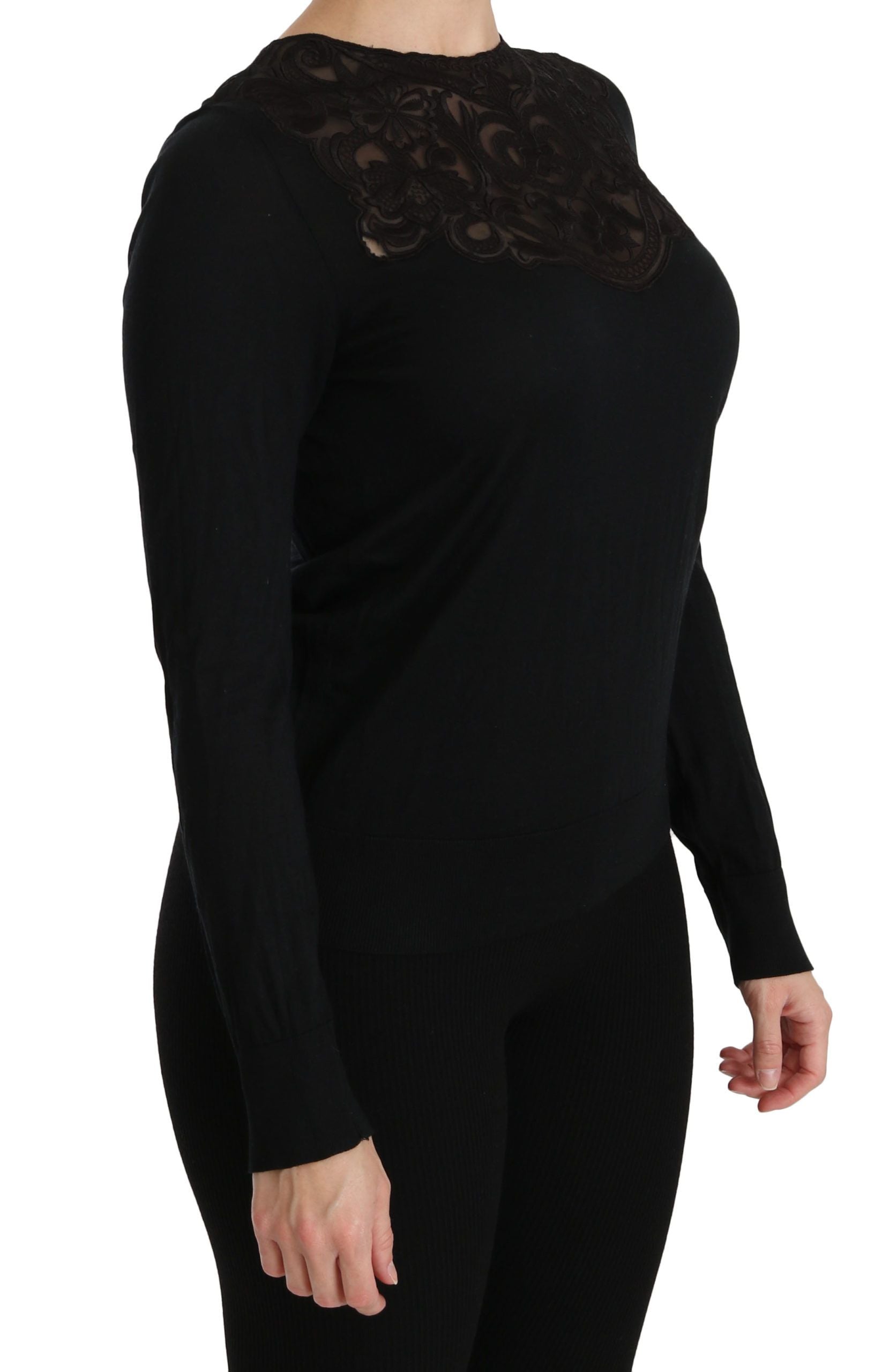 Dolce & Gabbana Black Silk Lace Crew Neck Long Sleeve Blouse Dolce & Gabbana