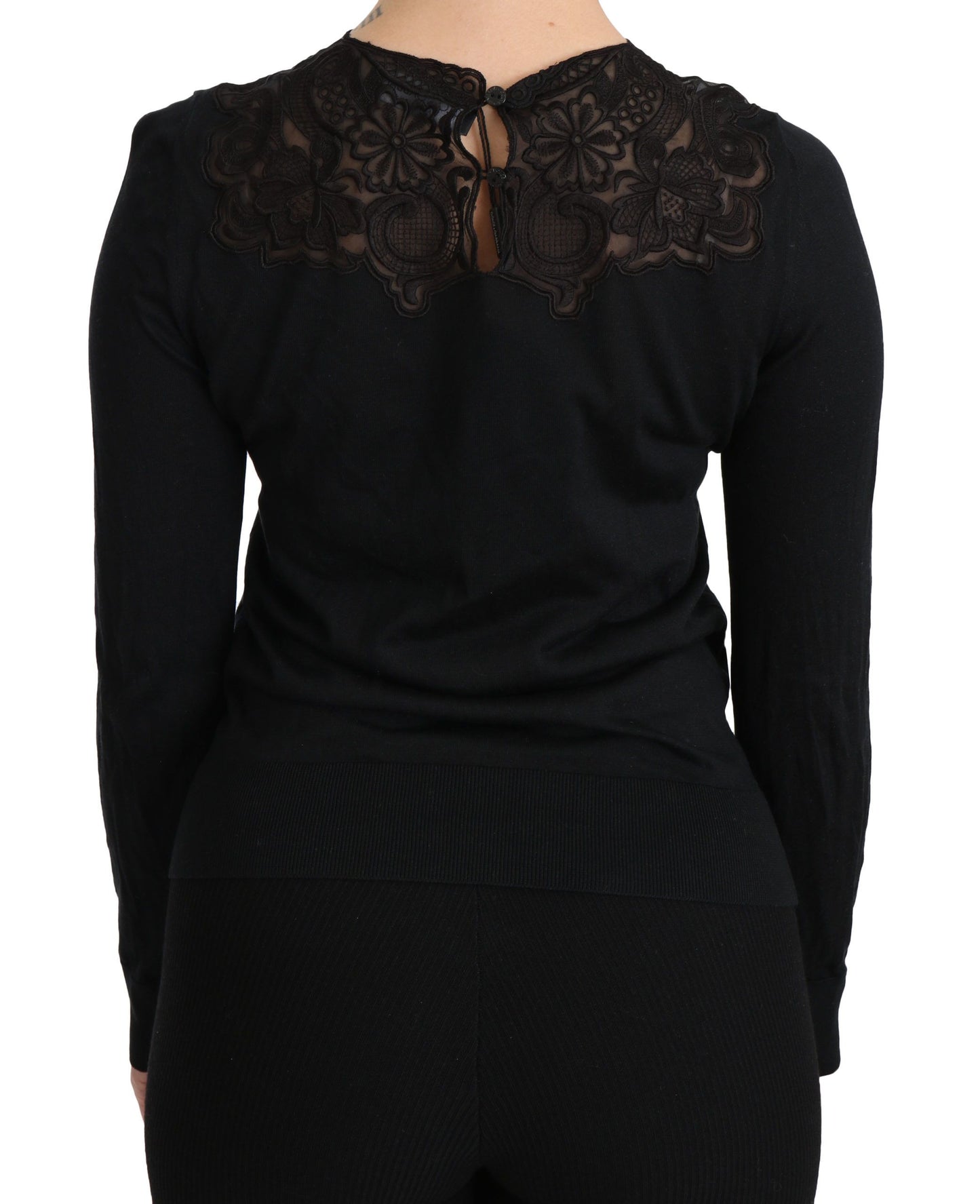 Dolce & Gabbana Black Silk Lace Crew Neck Long Sleeve Blouse Dolce & Gabbana