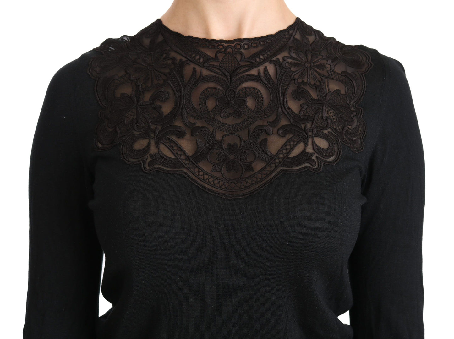 Dolce & Gabbana Black Silk Lace Crew Neck Long Sleeve Blouse Dolce & Gabbana