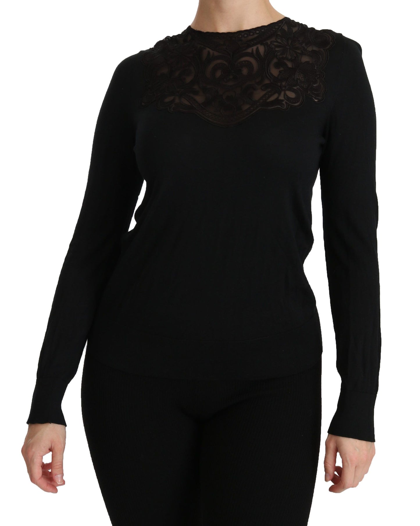 Dolce & Gabbana Black Silk Lace Crew Neck Long Sleeve Blouse Dolce & Gabbana