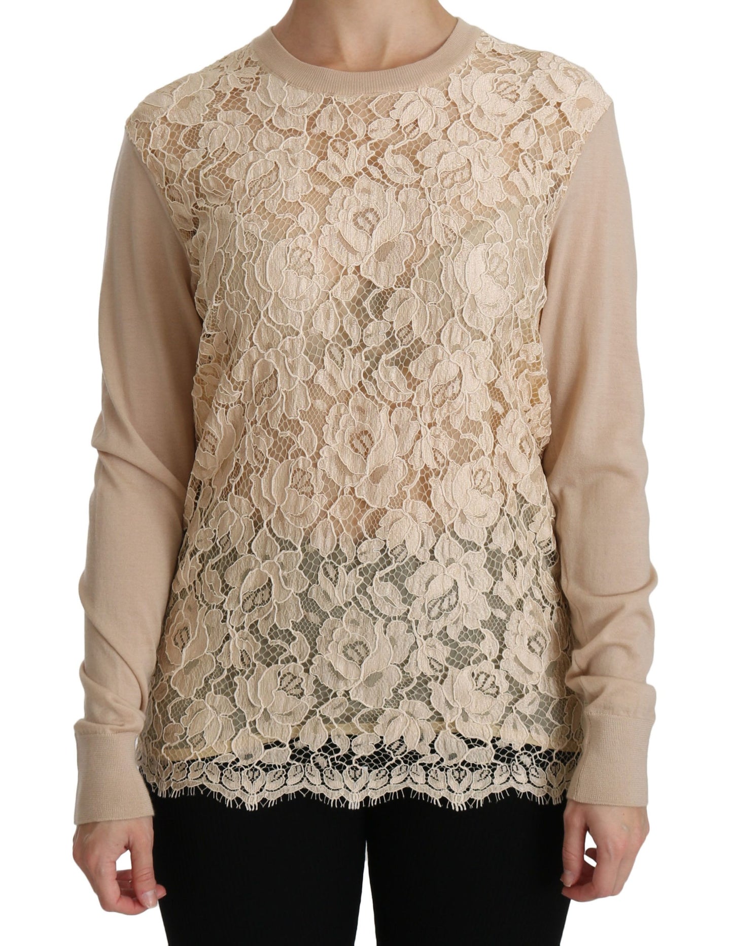 Dolce & Gabbana Beige Lace Long Sleeve Top Cashmere Blouse Dolce & Gabbana