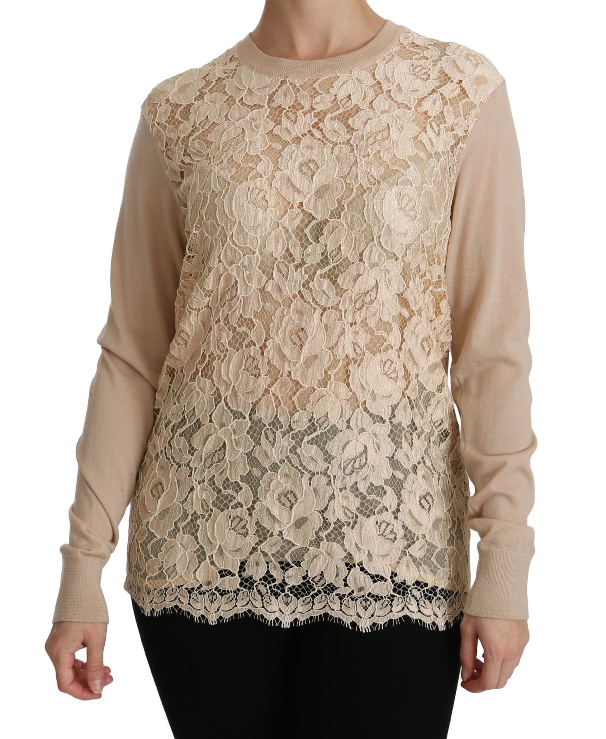 Dolce & Gabbana Beige Lace Long Sleeve Top Cashmere Blouse Dolce & Gabbana