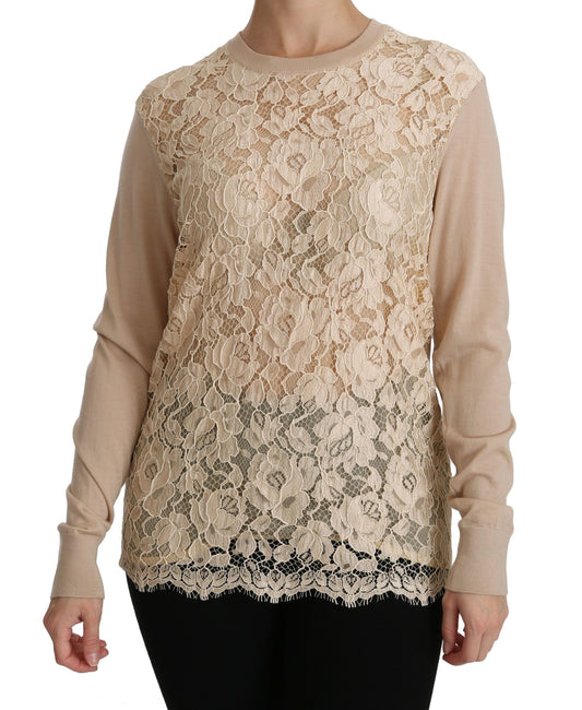 Dolce & Gabbana Beige Lace Long Sleeve Top Cashmere Blouse Dolce & Gabbana