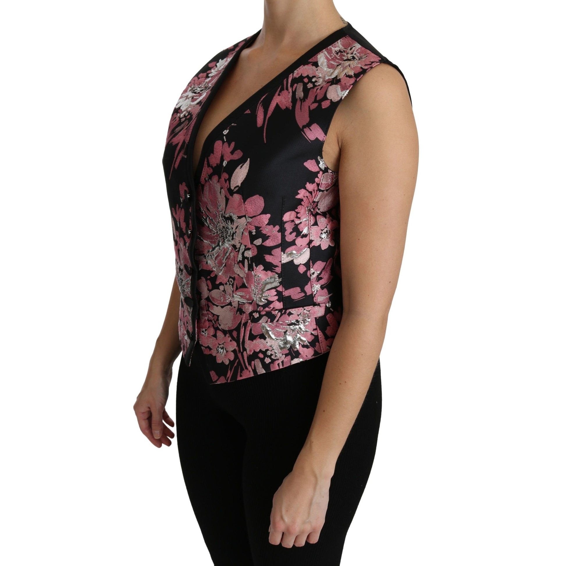 Dolce & Gabbana Black Pink Floral Waistcoat Vest Blouse Top