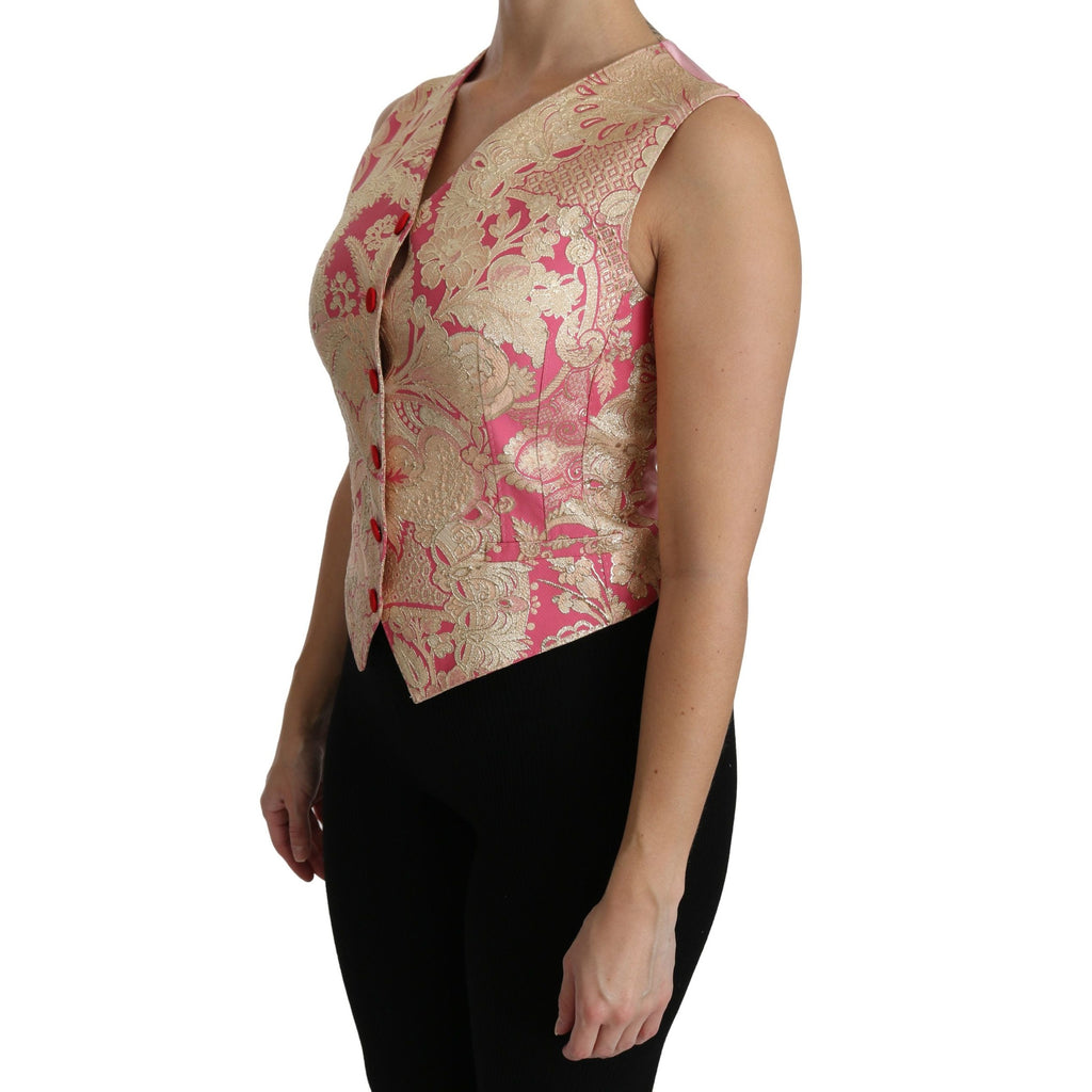 Dolce & Gabbana Pink Gold Brocade Waistcoat Vest Blouse Top