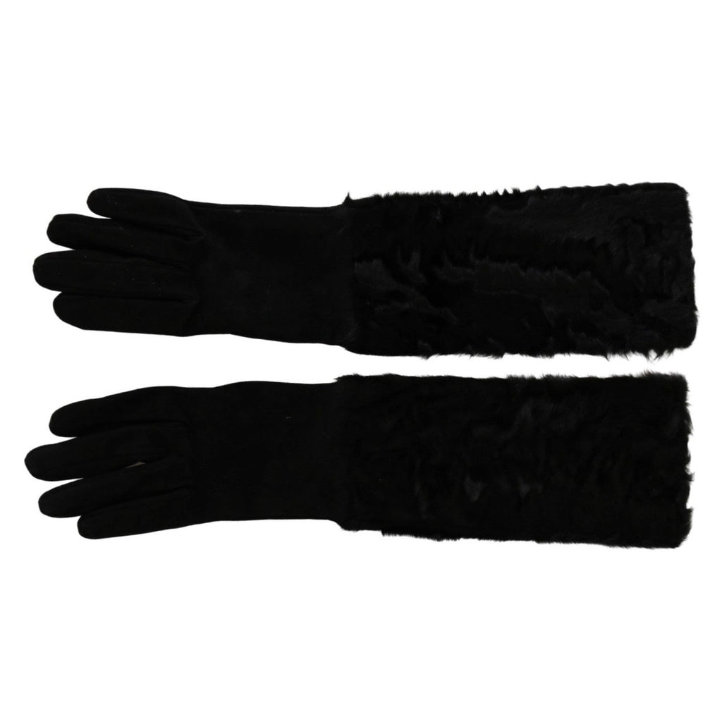 Dolce & Gabbana Black Elbow Length Mitten Suede Fur Gloves