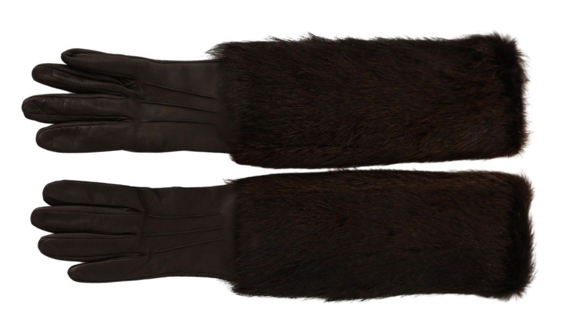 Dolce & Gabbana Brown Elbow Length Mittens Leather Fur Gloves Dolce & Gabbana