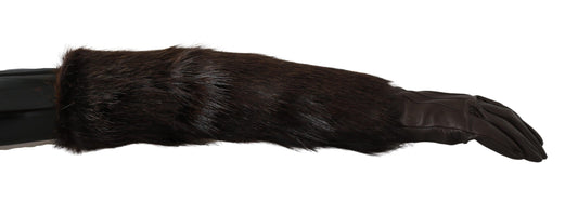 Dolce & Gabbana Brown Elbow Length Mittens Leather Fur Gloves Dolce & Gabbana