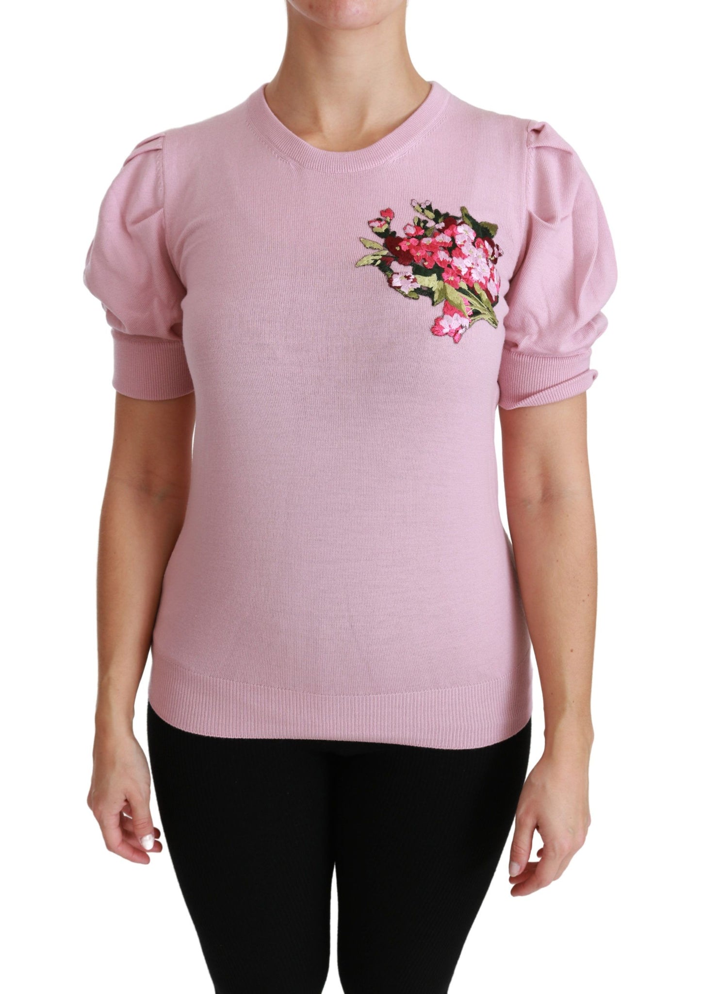 Dolce & Gabbana Pink Floral Embroidered Blouse Wool Top Dolce & Gabbana
