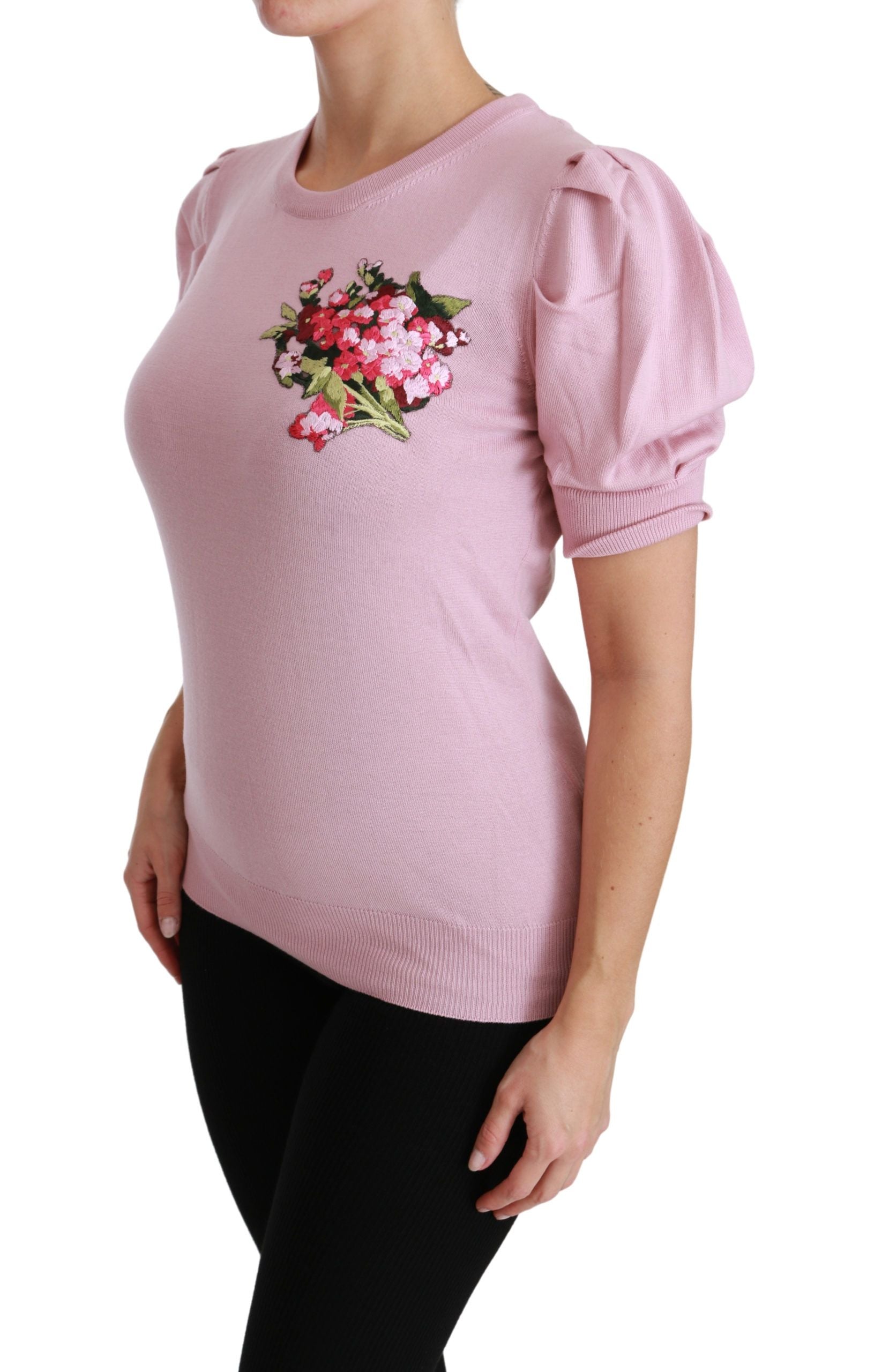 Dolce & Gabbana Pink Floral Embroidered Blouse Wool Top Dolce & Gabbana