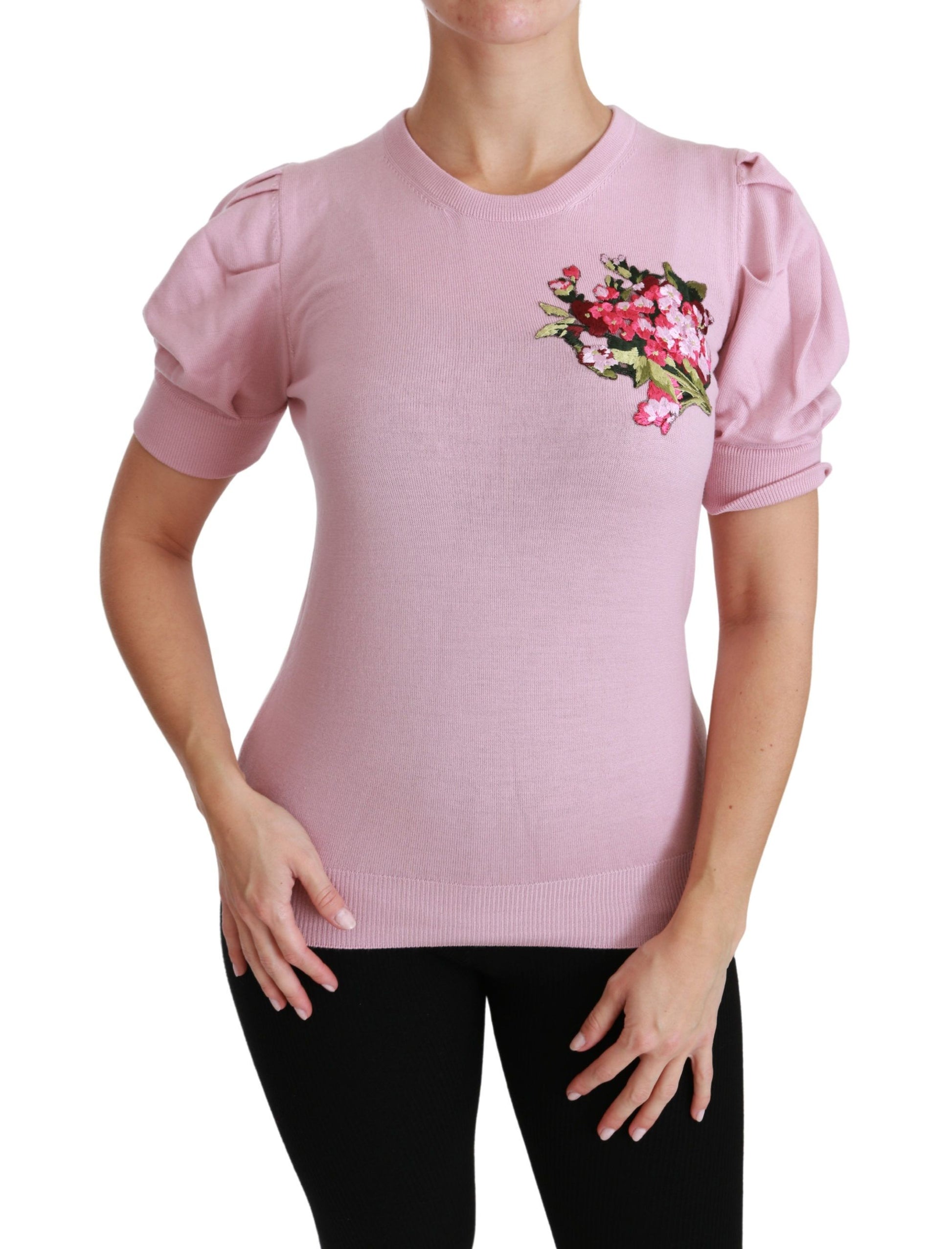 Dolce & Gabbana Pink Floral Embroidered Blouse Wool Top Dolce & Gabbana