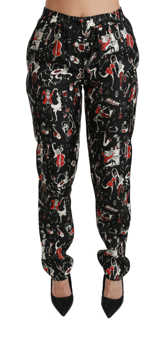 Dolce & Gabbana Black Silk Instrument Mid Waist Pants Dolce & Gabbana