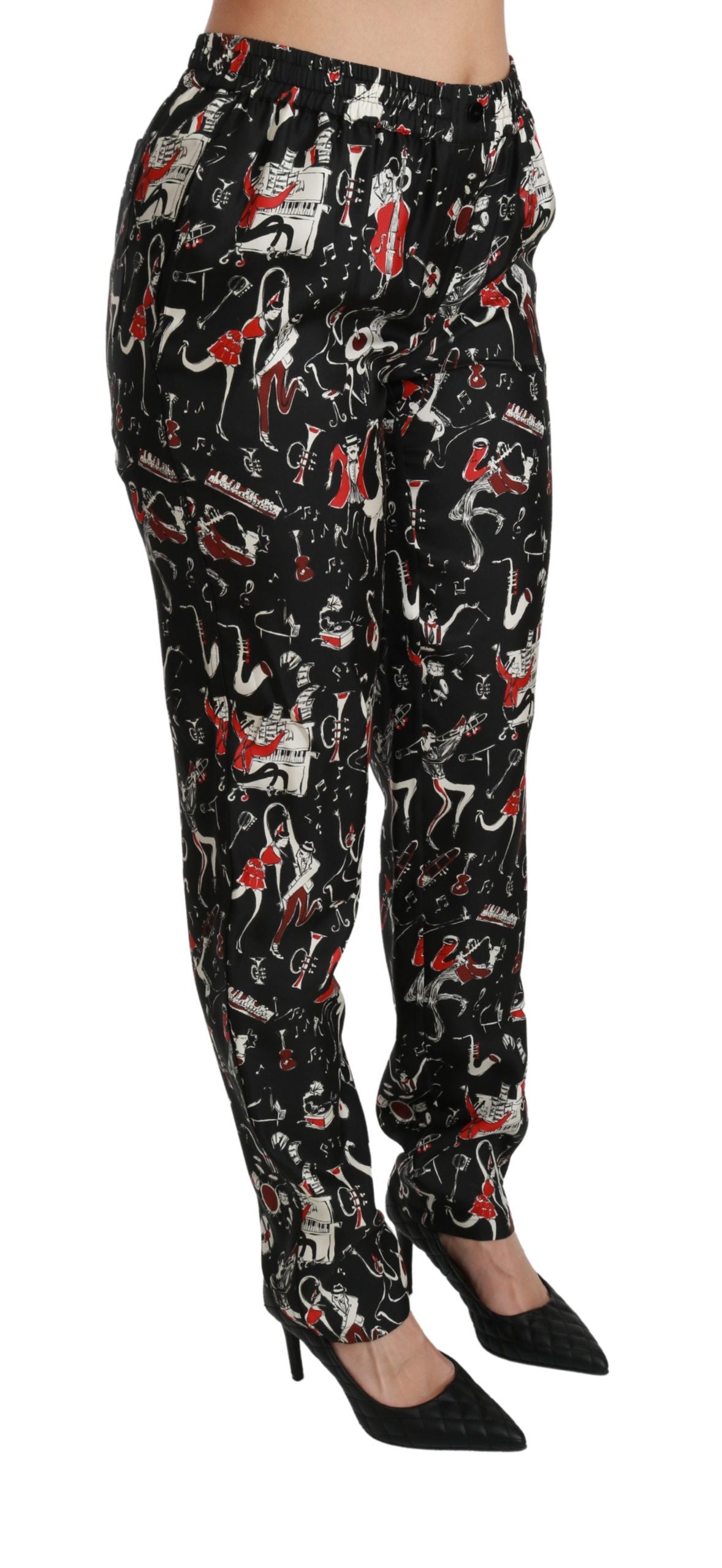 Dolce & Gabbana Black Silk Instrument Mid Waist Pants Dolce & Gabbana