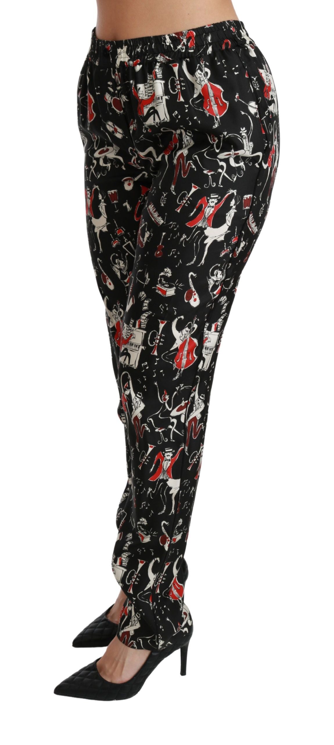 Dolce & Gabbana Black Silk Instrument Mid Waist Pants Dolce & Gabbana
