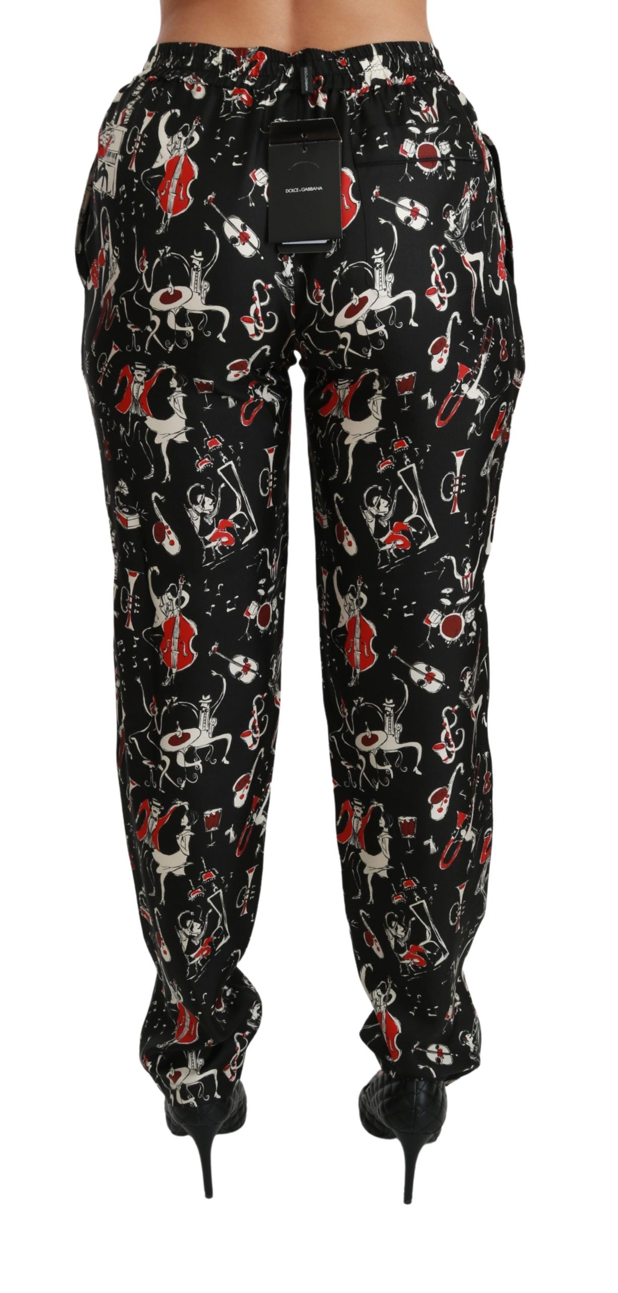Dolce & Gabbana Black Silk Instrument Mid Waist Pants Dolce & Gabbana