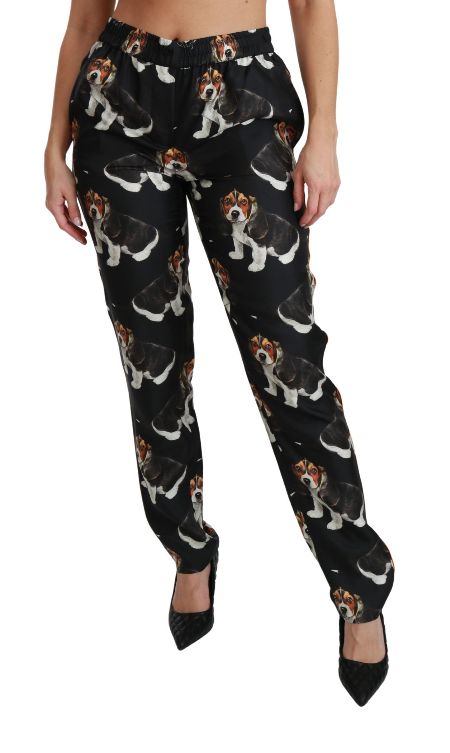 Dolce & Gabbana Black Puppy Dog Mid Waist Skinny Silk Pants Dolce & Gabbana