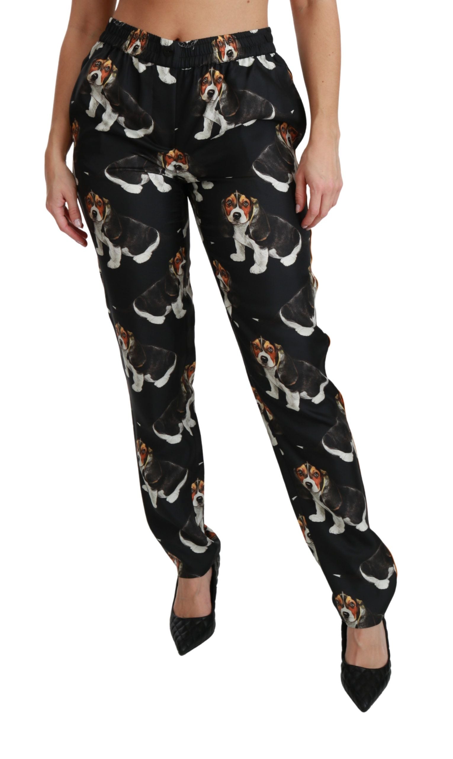 Dolce & Gabbana Black Puppy Dog Mid Waist Skinny Silk Pants Dolce & Gabbana