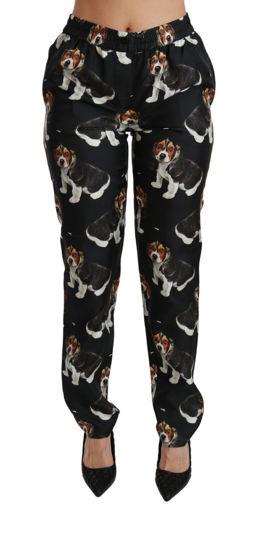 Dolce & Gabbana Black Puppy Dog Mid Waist Skinny Silk Pants Dolce & Gabbana
