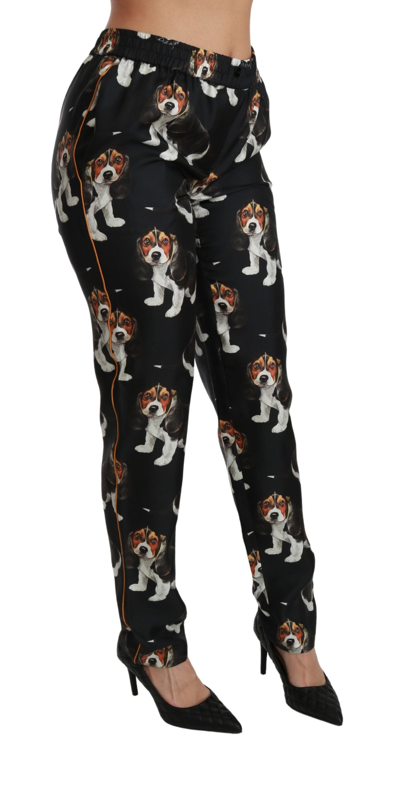 Dolce & Gabbana Black Puppy Dog Mid Waist Skinny Silk Pants Dolce & Gabbana