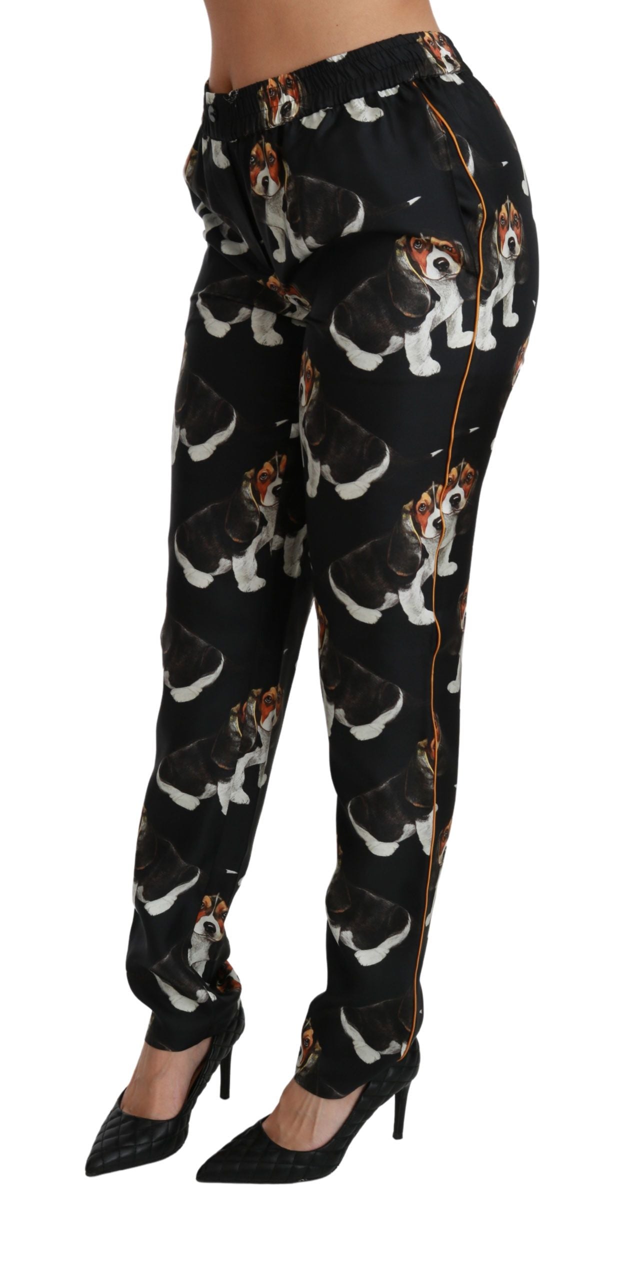 Dolce & Gabbana Black Puppy Dog Mid Waist Skinny Silk Pants Dolce & Gabbana