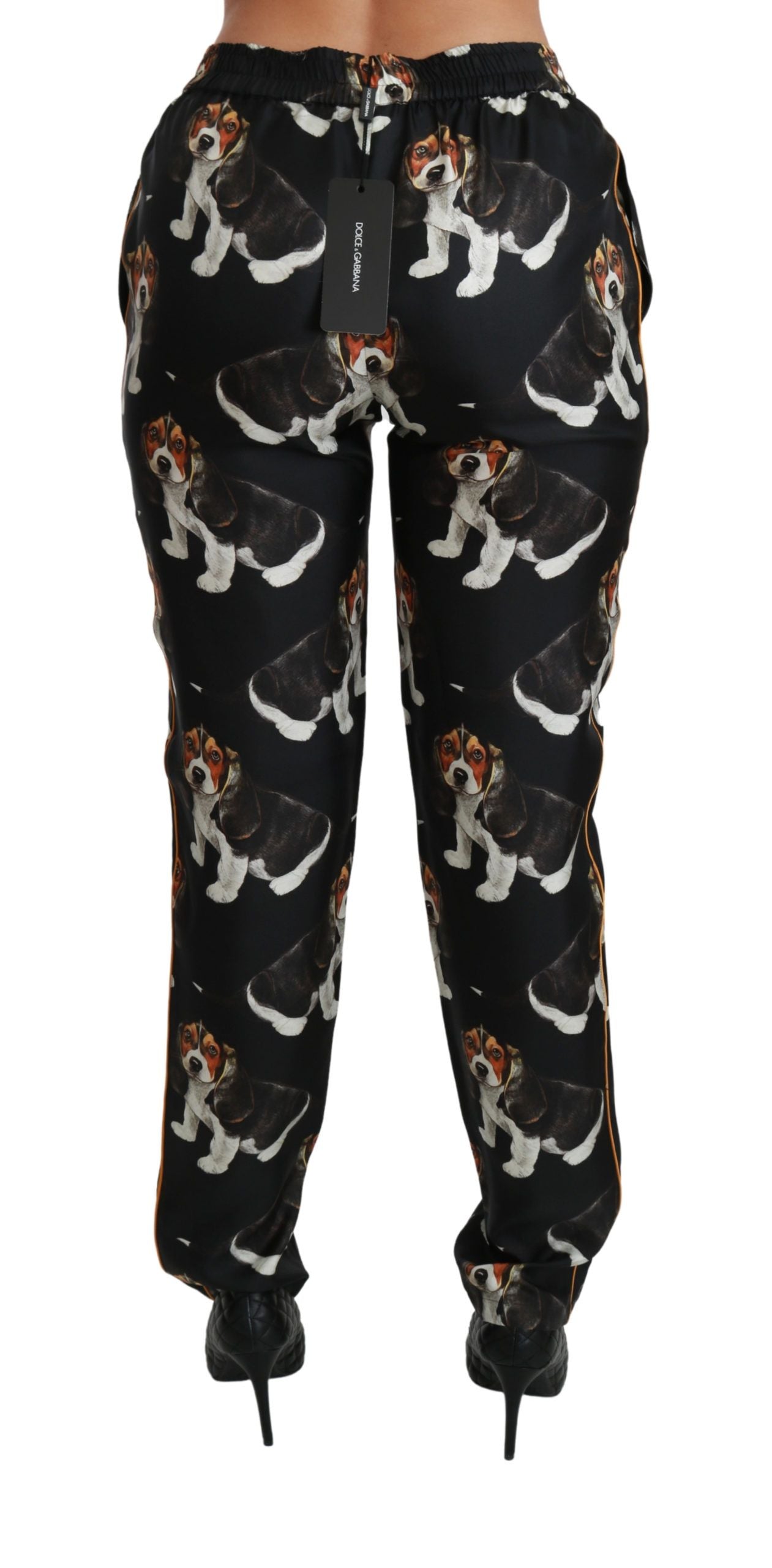 Dolce & Gabbana Black Puppy Dog Mid Waist Skinny Silk Pants Dolce & Gabbana