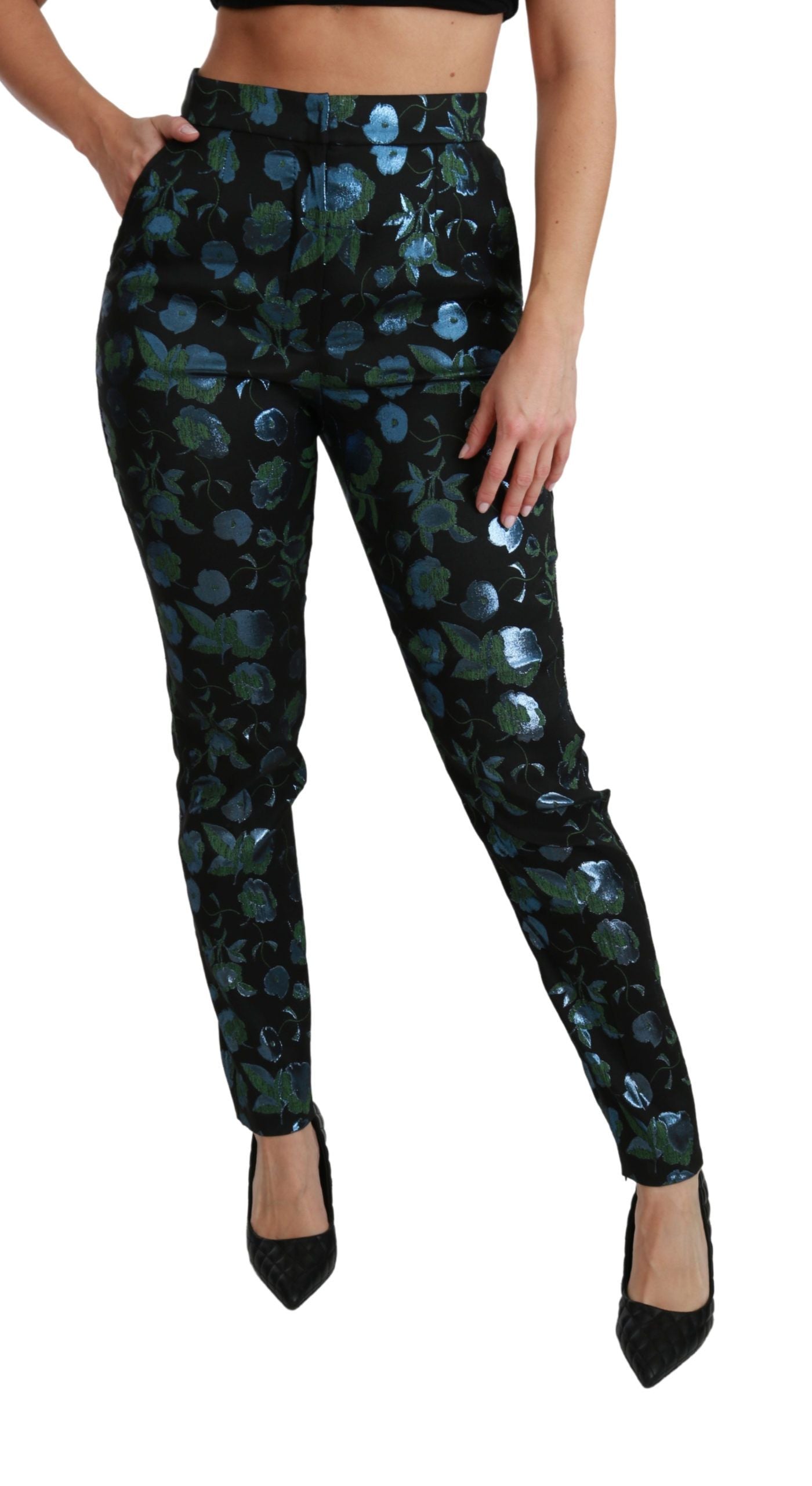 Dolce & Gabbana Blue Green Floral Metallic Slim Pants Dolce & Gabbana
