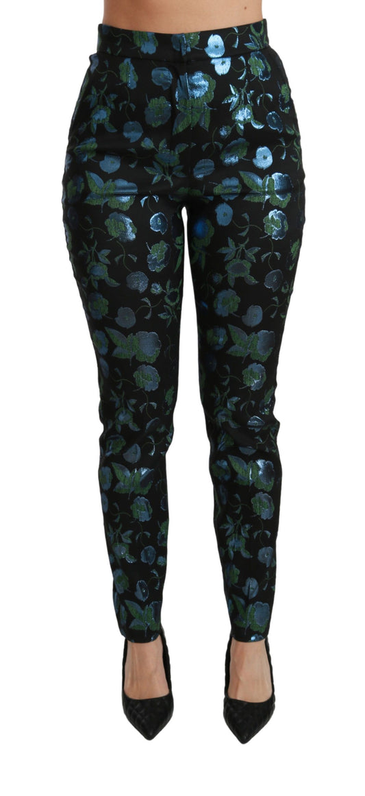 Dolce & Gabbana Blue Green Floral Metallic Slim Pants Dolce & Gabbana