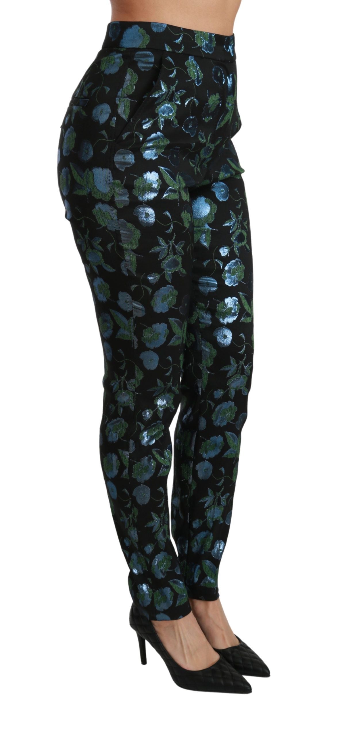Dolce & Gabbana Blue Green Floral Metallic Slim Pants Dolce & Gabbana