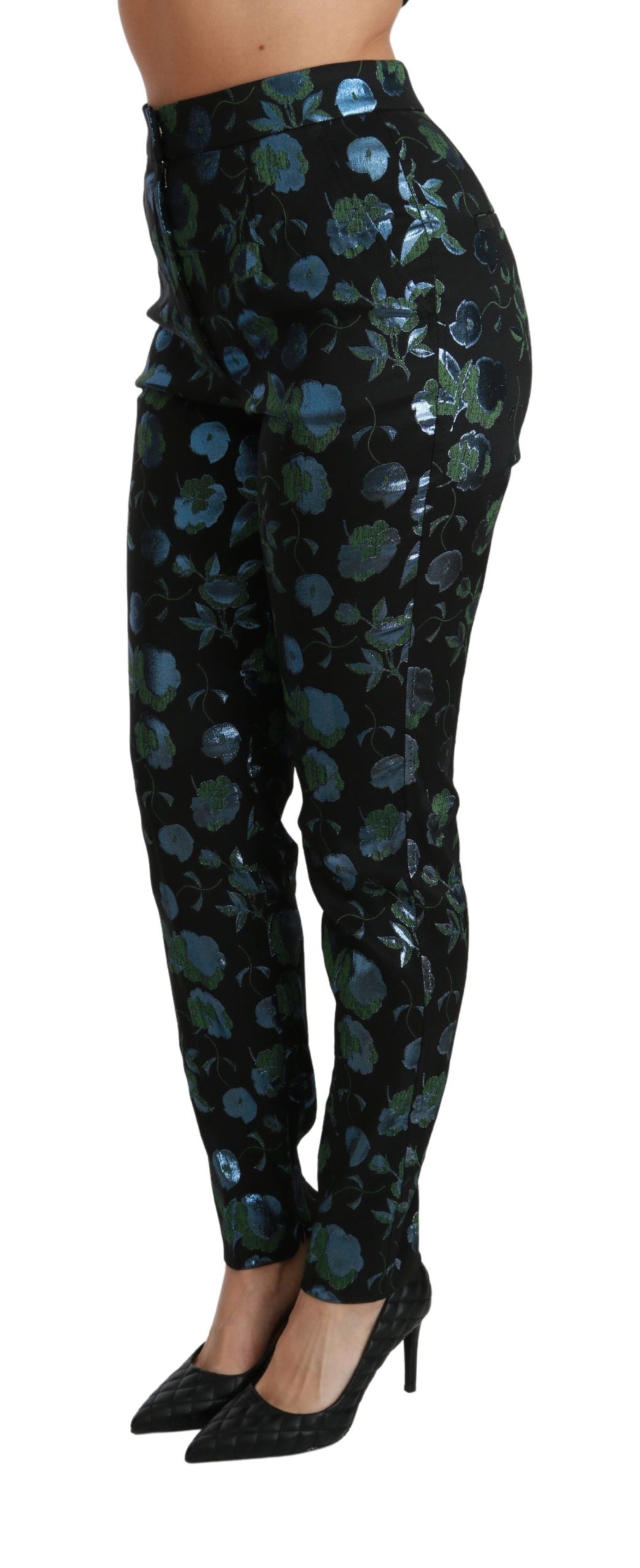 Dolce & Gabbana Blue Green Floral Metallic Slim Pants Dolce & Gabbana