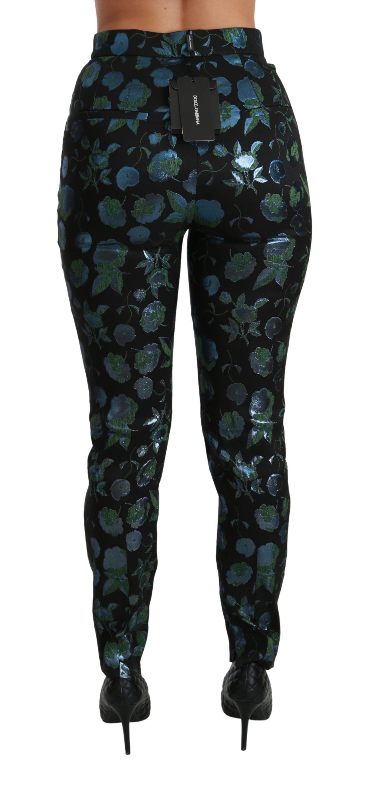Dolce & Gabbana Blue Green Floral Metallic Slim Pants Dolce & Gabbana