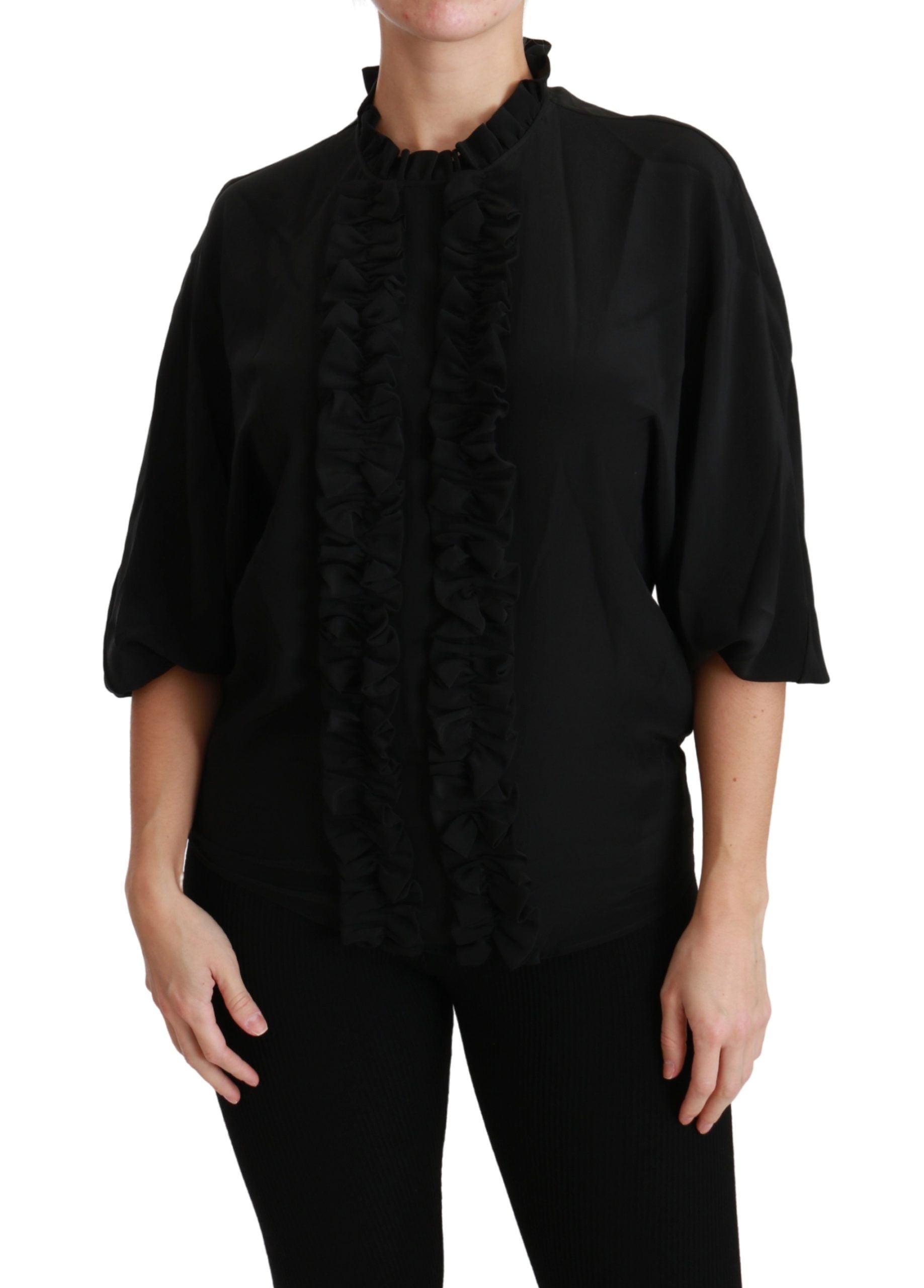 Dolce & Gabbana Black Silk Shirt Ruffled Top Blouse Dolce & Gabbana