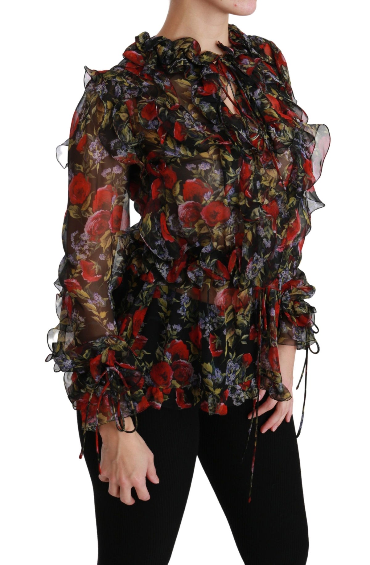 Dolce & Gabbana black floral roses silk blouse with long sleeves and a stylish, elegant design.