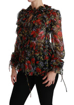 Dolce & Gabbana black floral roses silk blouse featuring a stylish, elegant design with long sleeves and floral patterns.