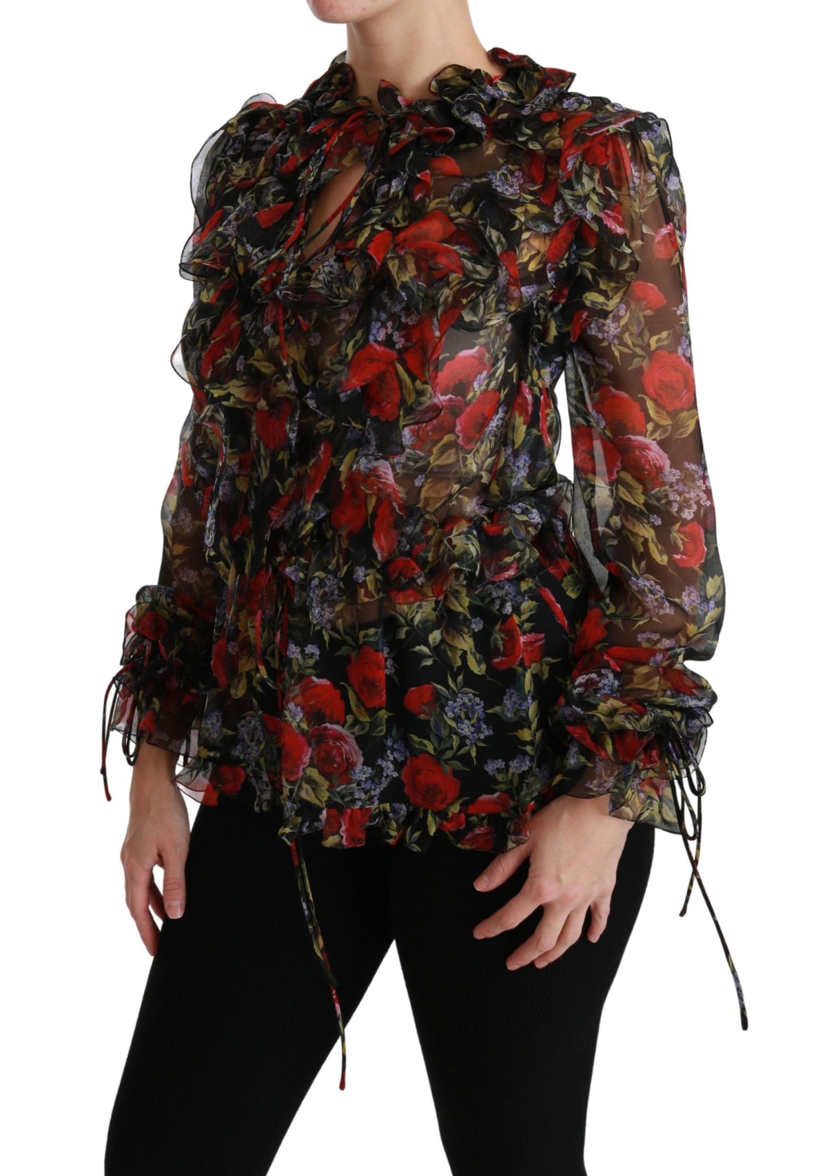 Dolce & Gabbana black floral roses silk blouse featuring a stylish, elegant design with long sleeves and floral patterns.