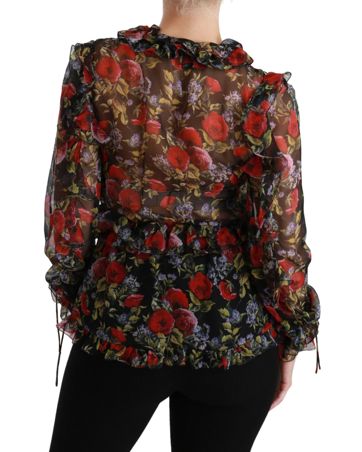 Dolce & Gabbana black floral roses silk blouse, elegant long-sleeve top with a feminine floral pattern.