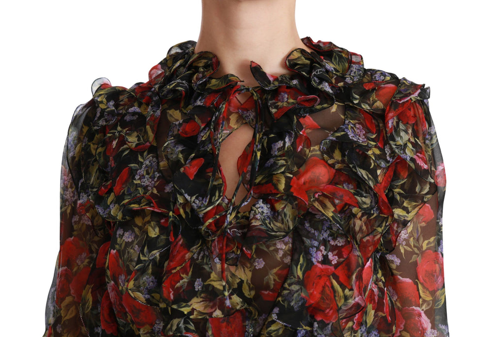 Dolce & Gabbana black floral roses silk blouse featuring a stylish, elegant design with long sleeves and a fitted silhouette.