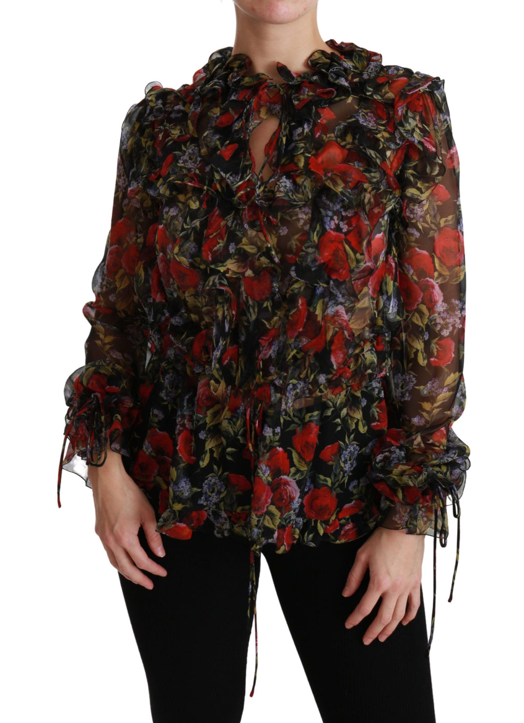 Black floral roses silk blouse by Dolce & Gabbana featuring a stylish, feminine design with long sleeves and elegant floral pattern.