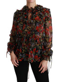 Black floral roses silk blouse by Dolce & Gabbana featuring a stylish, feminine design with long sleeves and elegant floral pattern.