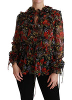 Black floral roses silk blouse by Dolce & Gabbana featuring a stylish, feminine design with long sleeves and elegant floral pattern.