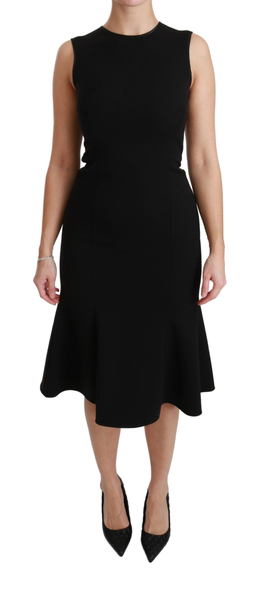 Dolce & Gabbana black fit flare wool stretch sheath dress displayed on a hanger, showcasing its elegant design and tailored fit.