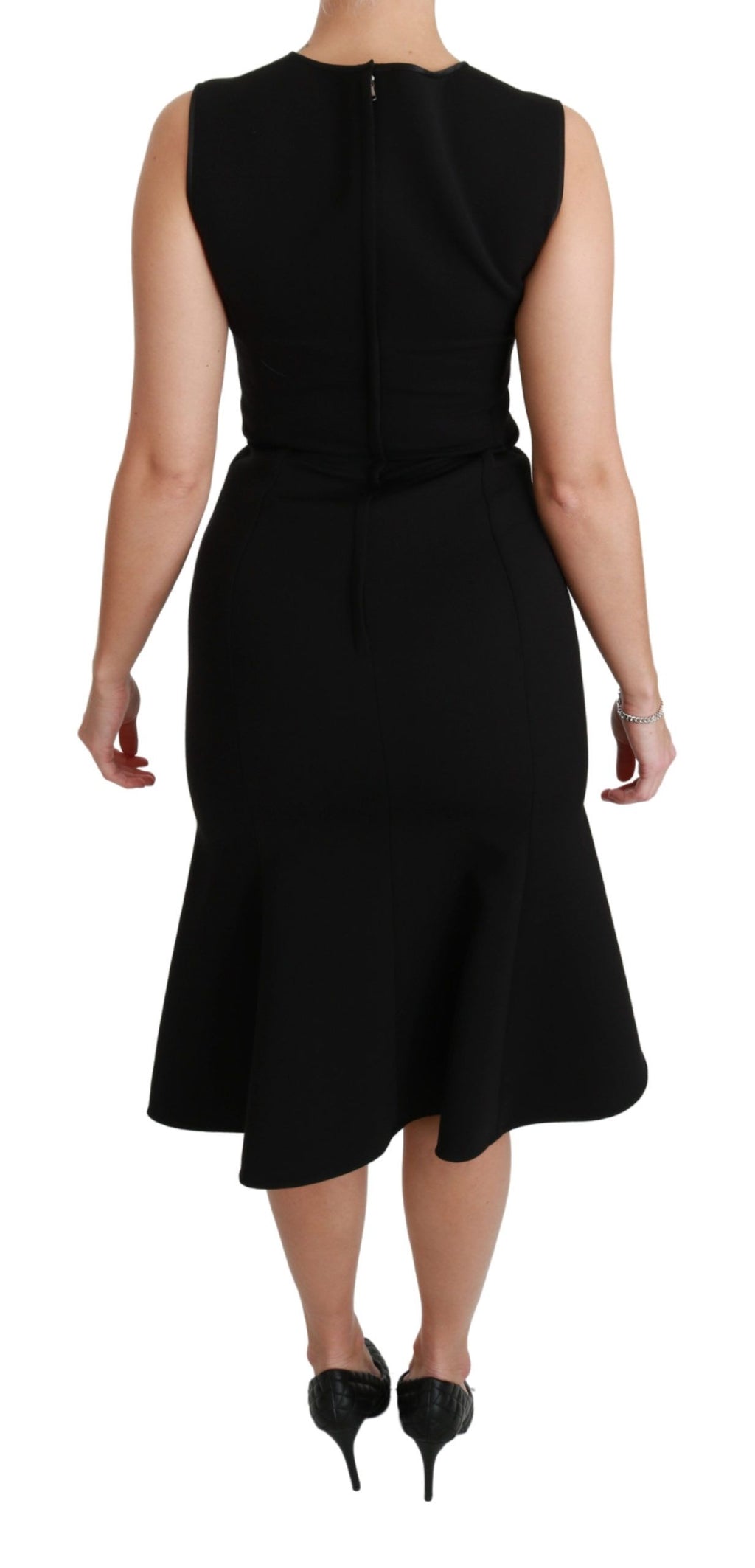 Dolce & Gabbana black fit flare wool stretch sheath dress displayed on a hanger, showcasing its elegant design and tailored fit.