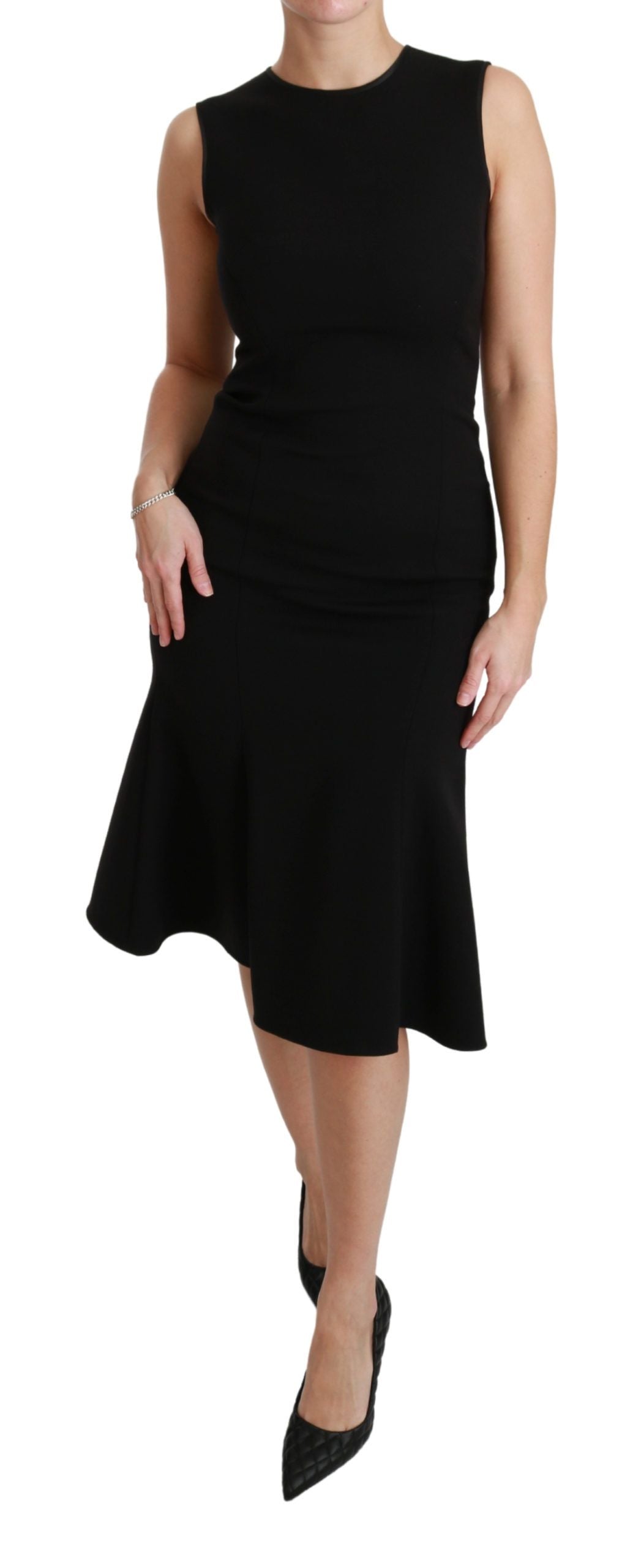 Dolce & Gabbana black fit flare wool stretch sheath dress displayed on a hanger, showcasing its elegant design and tailored fit.