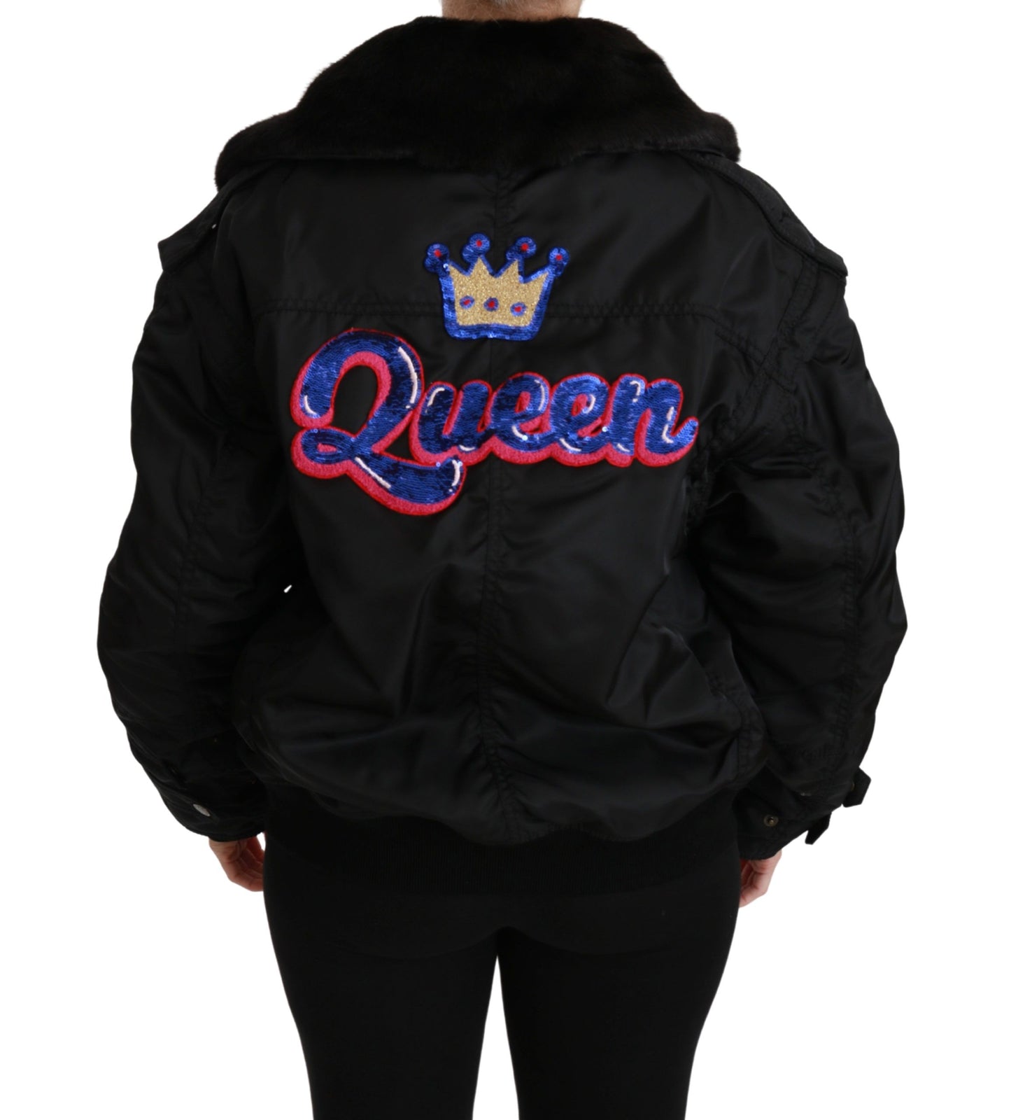 Dolce & Gabbana Black Queen Crown Sequined Bomber Jacket Dolce & Gabbana