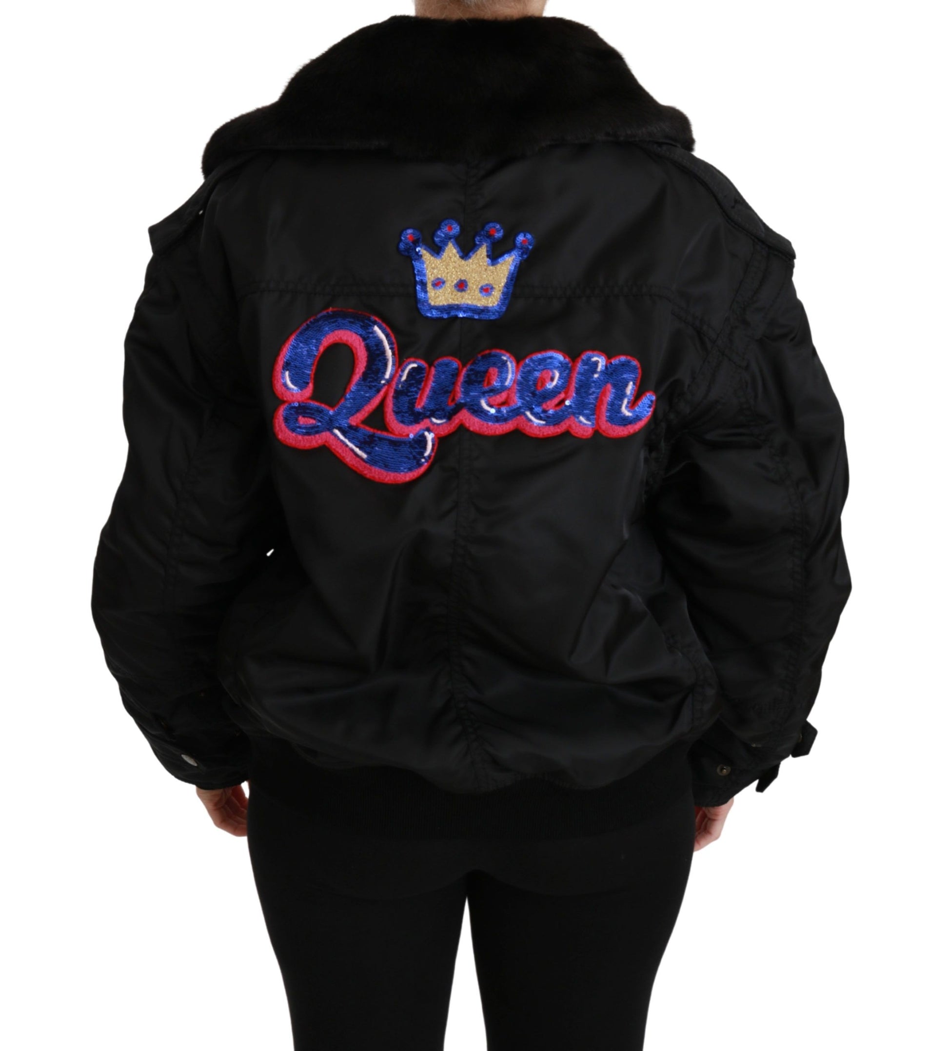 Dolce & Gabbana Black Queen Crown Sequined Bomber Jacket Dolce & Gabbana