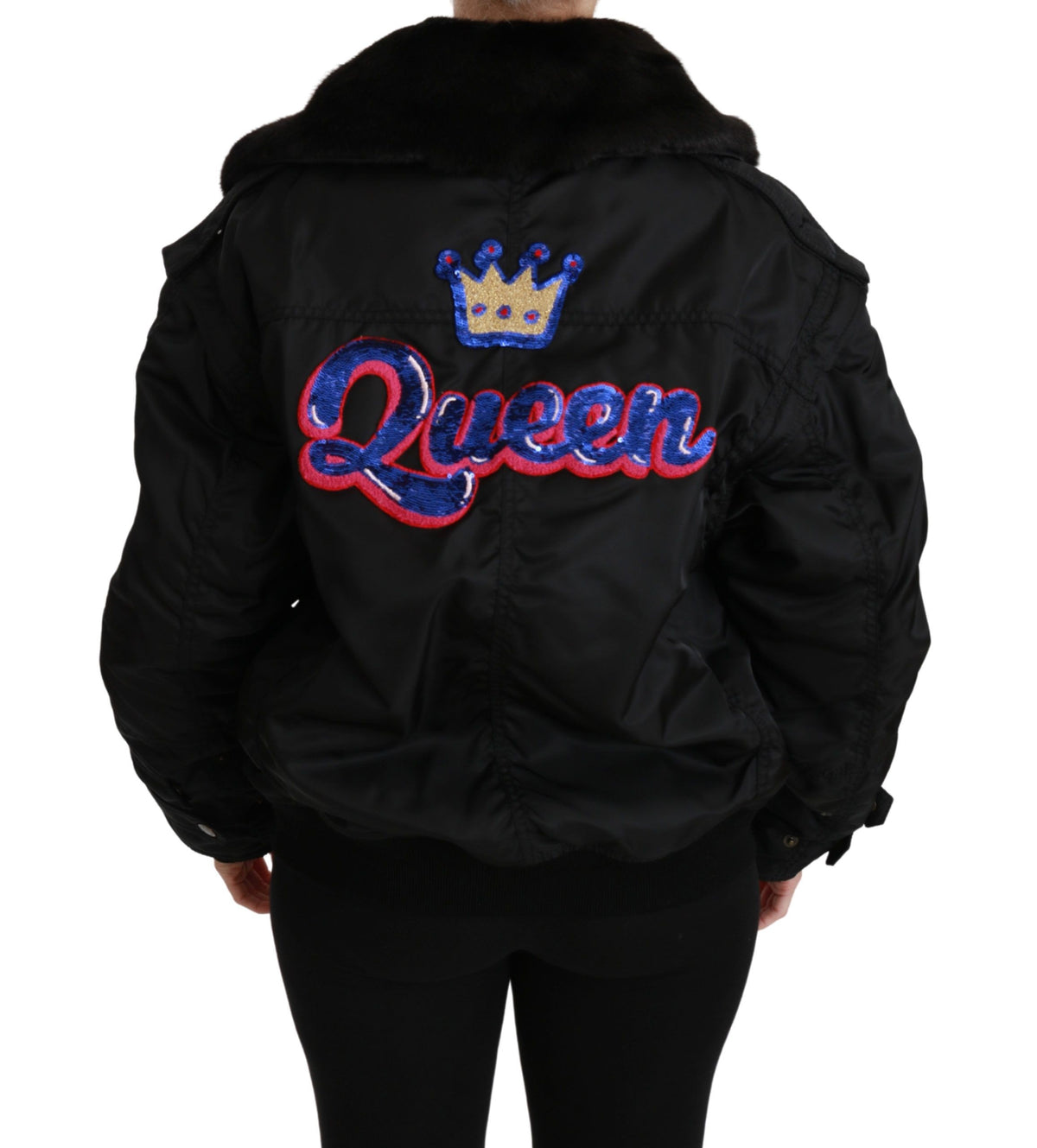 Dolce & Gabbana Black Queen Crown Sequined Bomber Jacket - Eljoys Fashion 
