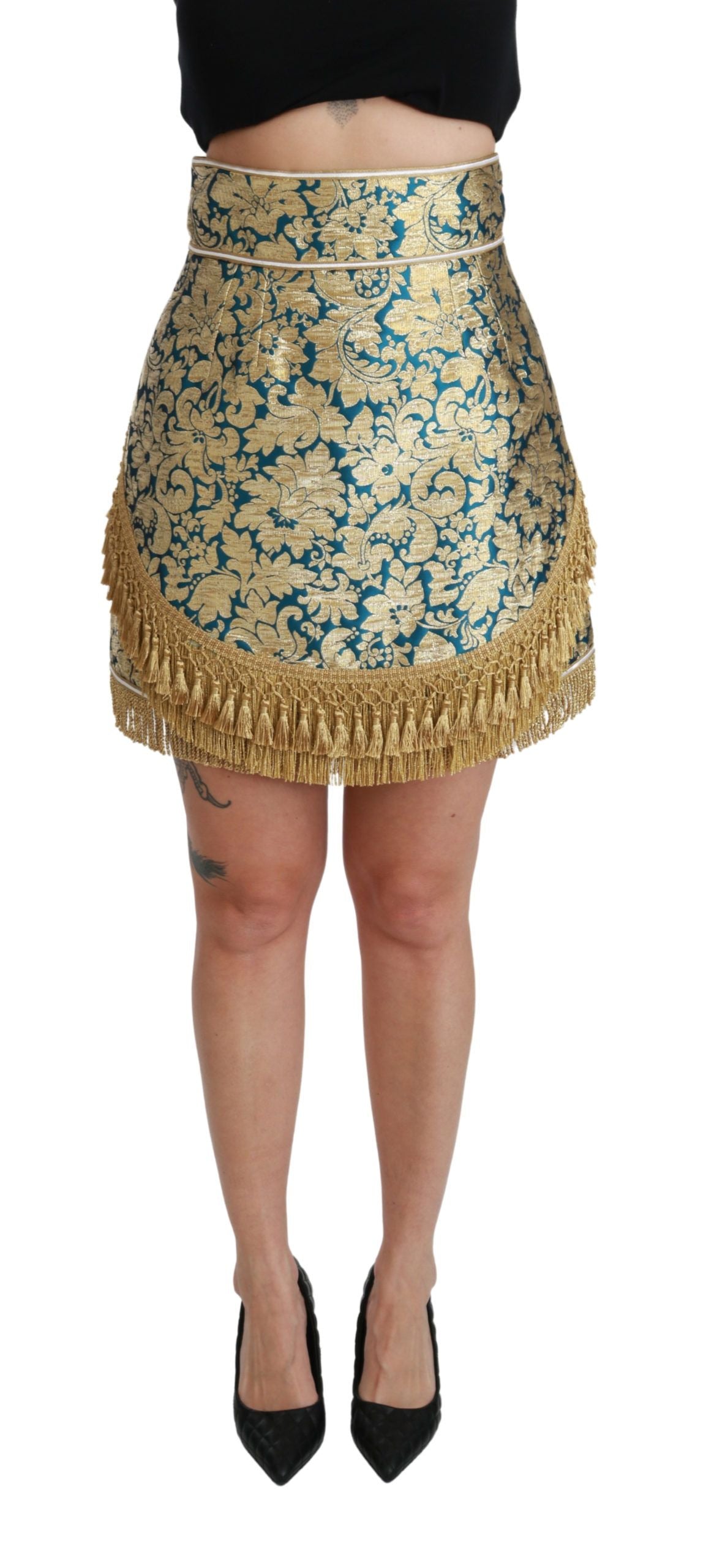 Dolce & Gabbana Blue High Waist Jacquard Tassel Gold Skirt Dolce & Gabbana