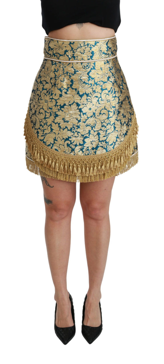 Dolce & Gabbana Blue High Waist Jacquard Tassel Gold Skirt Dolce & Gabbana